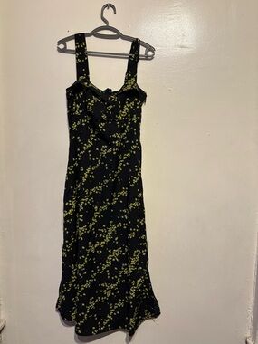 Black Floral Midi Dress with Yellow-Green Print Size XS